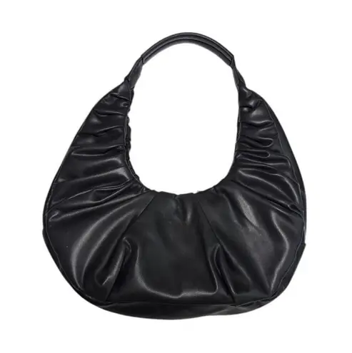 Badgley Mischka Pleated Shoulder Bag Hobo Purse Vegan Leather Black Half Moon