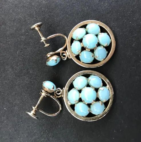 Vintage Aqua Silver Tone Faux Stone Circle Dangle Screwback Earrings Screw Back Blue