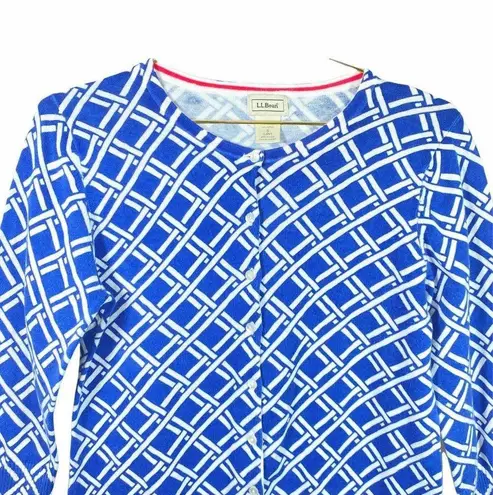 L.L.Bean  Womens Small Nautical Blue White Basket Weave Print Cardigan 3/4 Sleeve