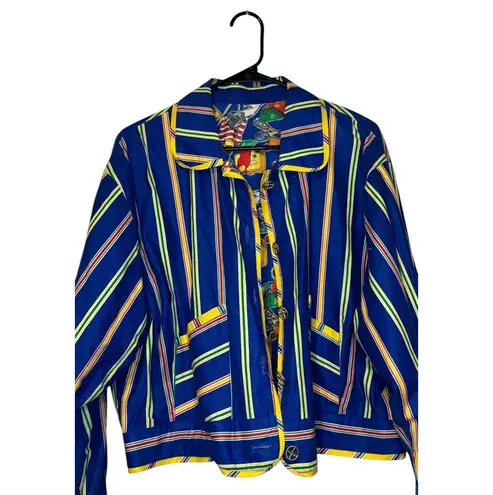 Howard Wolf Women Jacket Vintage Reversible Print Suitcase Glasses Striped Sz.12 Blue