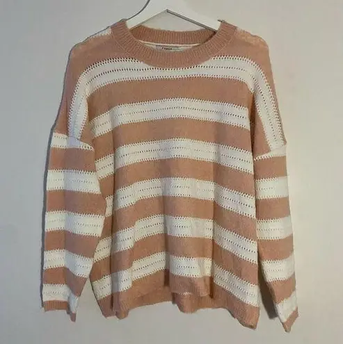 FRNCH Paris Sweater Pink White Striped Knit Perforated Crewneck Casual Trendy