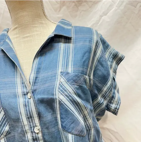 Thread and Supply  Plaid Chambray Short Sleeve Button Up Blouse Size S