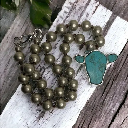 Head Howlite Blue Cow Necklace with Silver Wire Wrap on Chunky Mixed Metal Chain