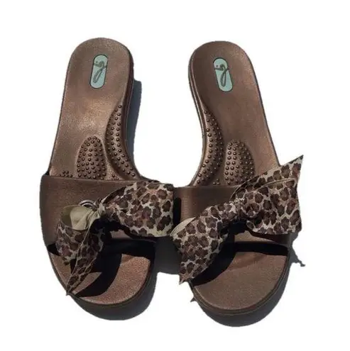 OKABEE FLIP FLOPS COPPER WITH Leopard print Tie SIZE ML 8/9 RARE USA Made Brown