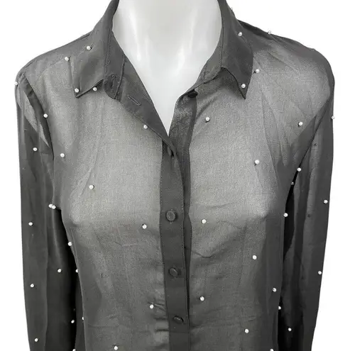 Cooperative Black Sheer Beaded Embellished Long Sleeve Button Down Shirt Top XS