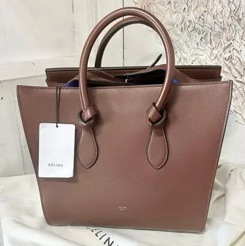 CELINE NWT  Smooth Calfskin Tie Knot Top Handle Tote Handbag Dark Brown Small