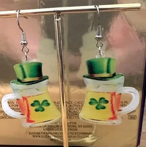 St Patricks Day Earrings Beer Shamrock Leprechaun Hat Dangle Hooks Parad… Green