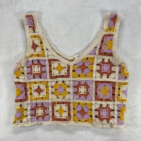 Rebellion Again Crochet Crop Top Granny Square Knit Sleeveless XS
