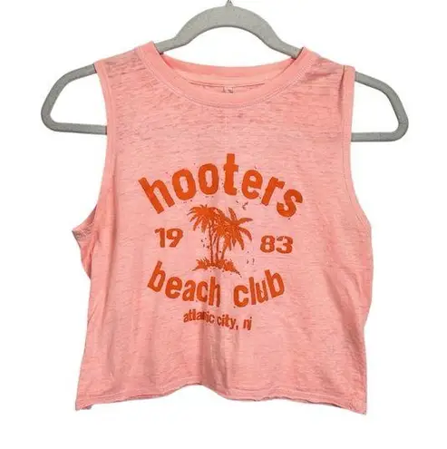Hooters Women’s Sz M Palm Tree Orange Pink Crop Top Sleeveless Beach Club 1983