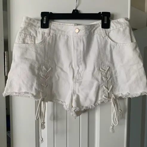 Honey Bubble White Denim Lace Up Shorts