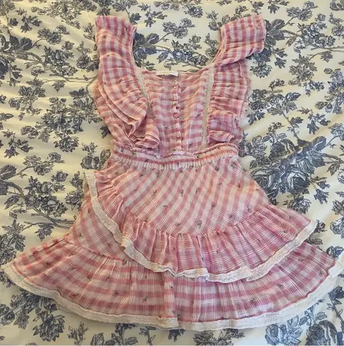 Love Shack Fancy Leon Pink Gingham Floral Ruffle Dress