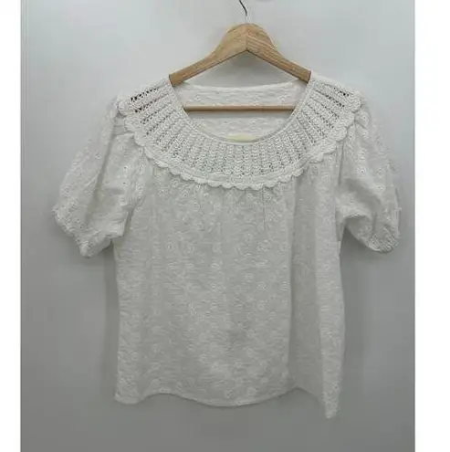 Solitaire Women Top White Embroidery Boho Feminine Floral Cotton Size Small