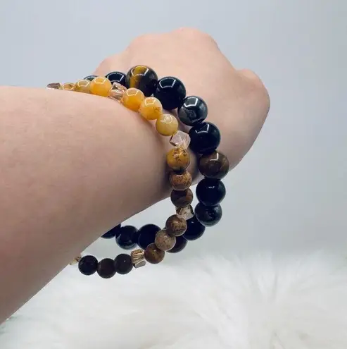 Natural Hematite Yellow Tiger Eye Beaded & Citrine Stone Bracelet Duo