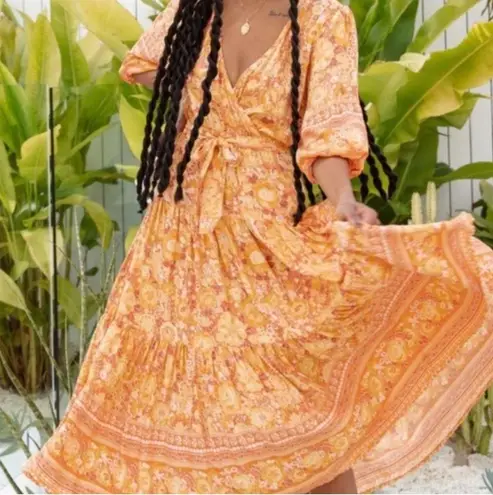 Petal and Pup  Orange Yellow Floral Flowy Bohemian Sunset Maxi Dress XS