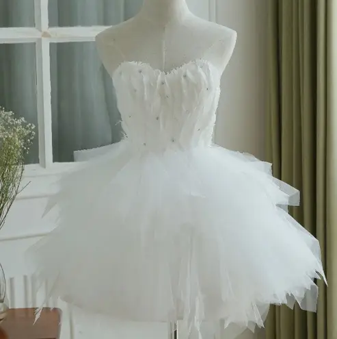 White Feather Corset Tulle Dress Swan Lake Balletcore Rhinestone Strapless Tutu Dres - Size XS