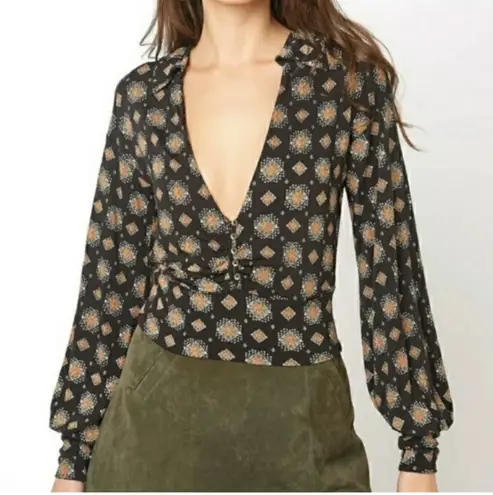 Free People Sydneys Party Top XS Medallion Printed Deep V Revolve Black Trendy