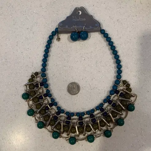 Fabulous Statement Chunky Fashion Necklace Earrings Set Bib Green Boho