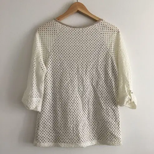 Tart Ivory Eyelet Button Up Knit Top Lined Blouse Womens Sz M Short Sleeve Lined