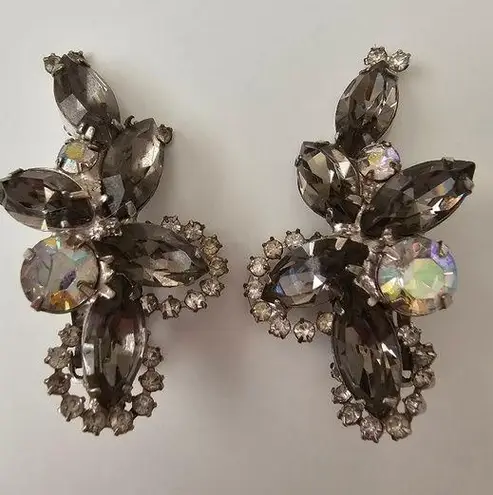 Gray Navette Aurora Borealis Rhinestones Clip on Vintage Statement Earrings Silver