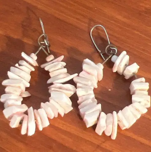 Vintage White Pink Puca Shell Dangle Earrings Kidney Hooks Estate 2" Vacation