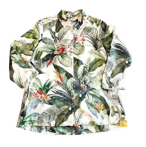 iLinen Lifestyle Parrot Tropical Linen Button Up Maxi Blouse Pockets White Sz L Size L
