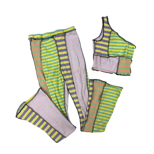 The Ragged Priest  - Patchwork Stripes One Shoulder Top & Pants in Green & Purple thumbnail 1