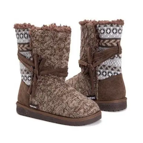 MUK LUKS Medium Brown & Gray Clementine Boot faux fur lined fair isle Women sz 7