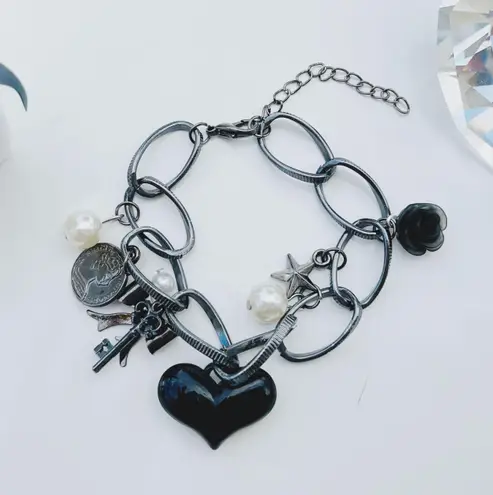 Black Heart Bow Faux Pearl Gun Black Tone Bracelet