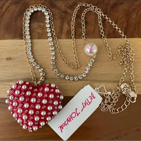 Betsey Johnson New  XOXO Pearly Red Heart Long Crystal Gold Tone Necklace