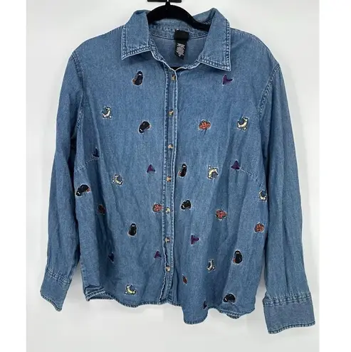 Holiday Editions Halloween Blue Denim Button Top 1X Pumpkin Black Cat Star Moon
