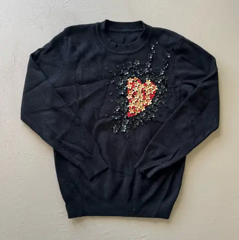 Heart Floral Appliqué Knit Sweater Black