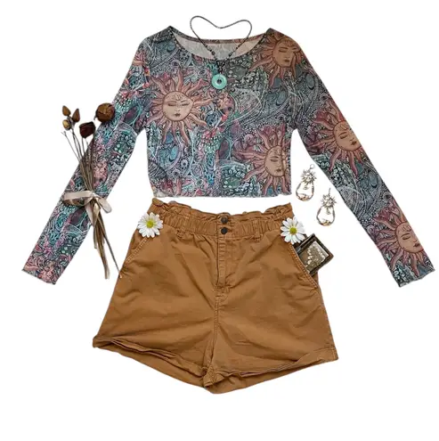 Womens juniors sun print celestial boho mesh long sleeve top Multiple Size L