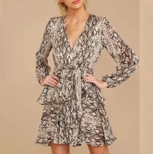 Y2K Snake Print Plunge Neckline Gray Animal Pattern Mini Dress Size Medium Tan