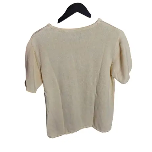 Vintage Yellow Floral Embroidered Scalloped Edges Pullover Short Sleeve Sweater Size M