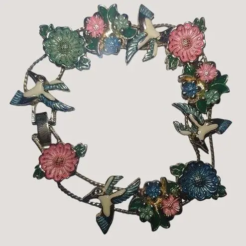 Bracelet Vintage Gold Tone Hummingbird Floral Spring Enamel Link Fold Over Clasp Pink