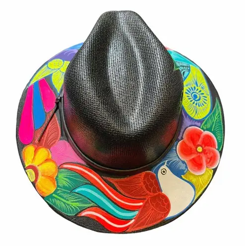 HAT MEXICAN Artisanal Hand Painted Fedora Floral Sombrero Panama Bohemian Black