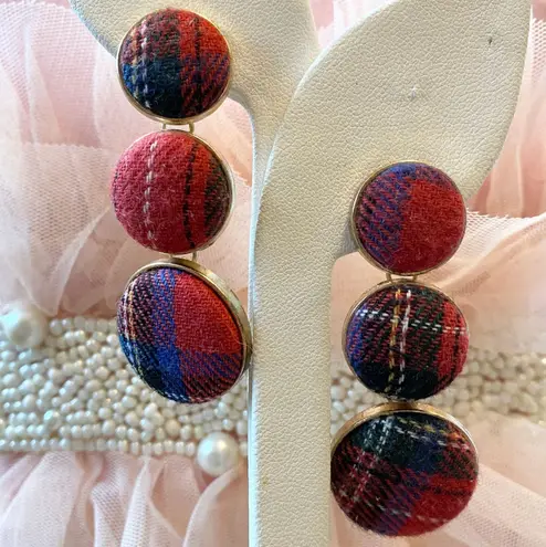 Mardi Gras Tartan Plaid Drop Earrings Gold Tone Statement Earrings Festive Red