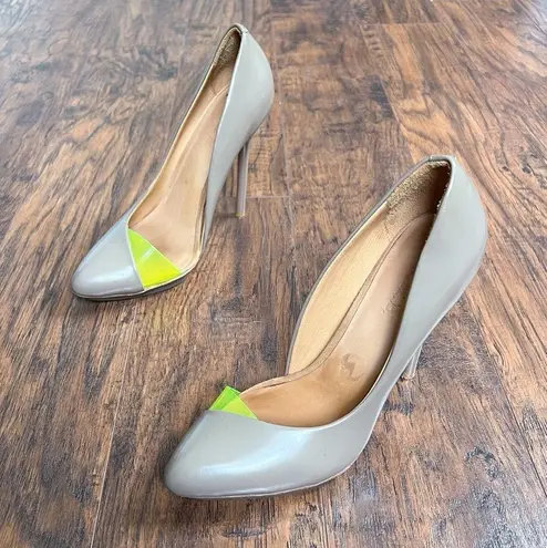 L.A.M.B. . • Harlie Pump heel d'orsay stiletto taupe leather neon green platform