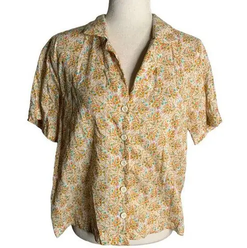 Ana  Button Up Short Sleeve Shirt M White Orange Floral Cotton Collared Retro