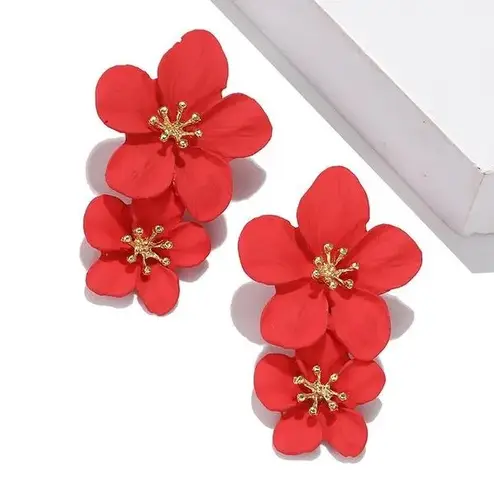 Red Women Boho Flower Earrings Fashion Statement, Drop Dangle Stud Earrings