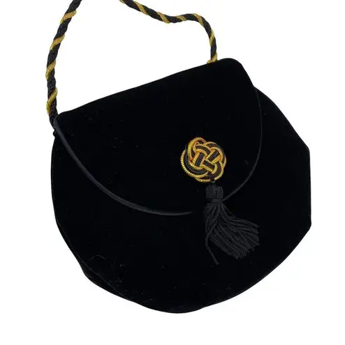 Vintage Black Velvet Clutch Bag Gold & Black Detailing and Corded Shoulder Strap