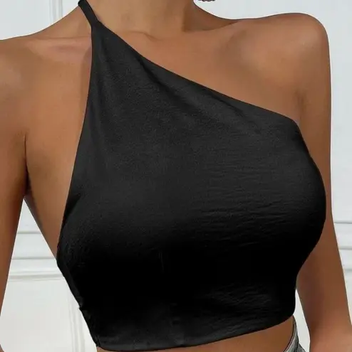 SHEIN Solid One Shoulder Tie Backless Crop Top Black