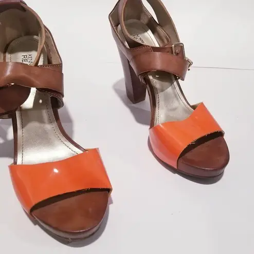 Kenneth Cole Reaction Cool Daze Colorblock Block Heels Strappy Sandals Orange Size 7