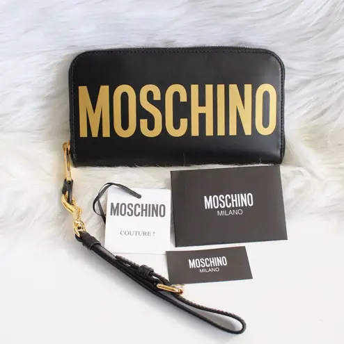 Moschino Black Gold Logo Continental Zip Around Wallet Wristlet New