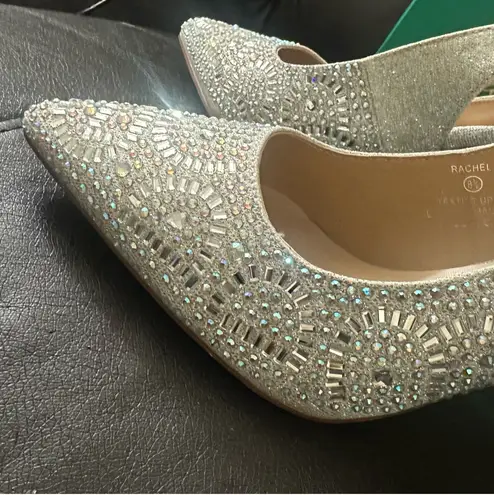 Lauren Lorraine Rachel Silver Shimmer Pointed Toe Embellished Slingback Pumps