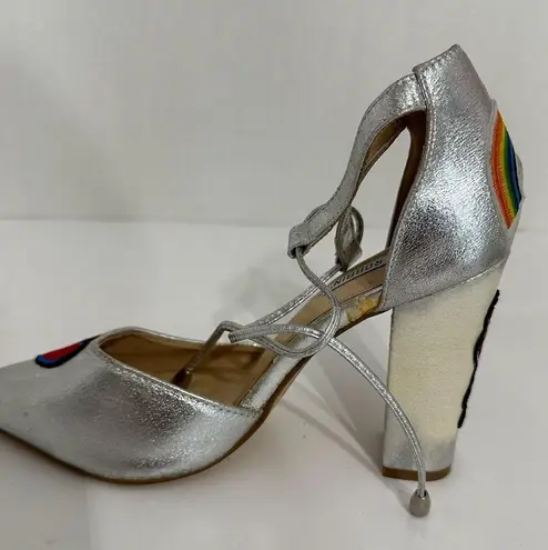 Cape Robbin Metallic Silver Block Heel Patches Flamingo Rainbow Sandals Size 8