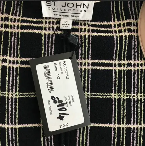 St. John Tweed Knit Women Zipper Blazer Size 10 Black Lime Green Tan & White