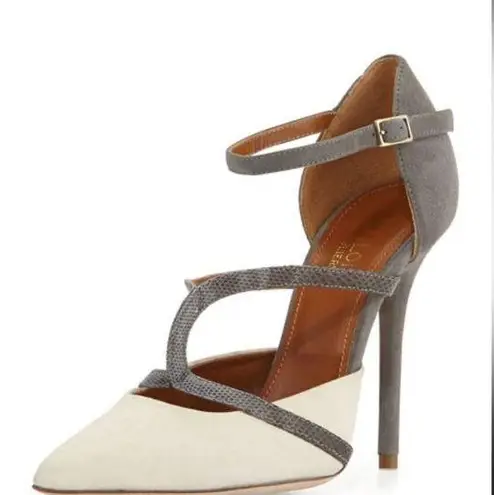 Malone Souliers  Veronica Suede Ankle-Strap Pump, Ivory/Gray, NWOT, Sz 38