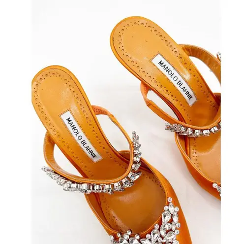 Manolo Blahnik Orange Satin Crystal Embellished 90 Mules 39.5