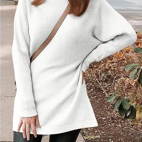 Lillusory Oversized Turtleneck Split Hem Batwing Pullover Tunic Sweater XS/S White